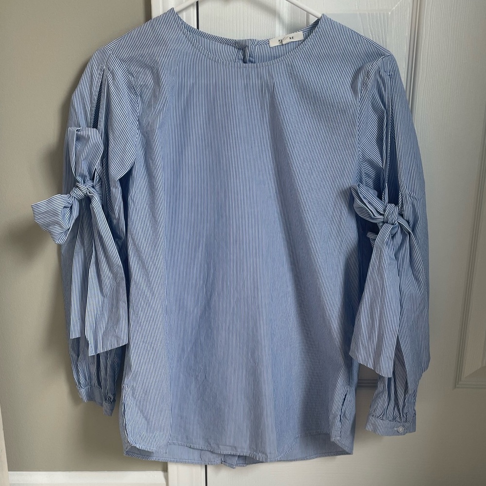 Pleione Blue and White Pinstripe Blouse